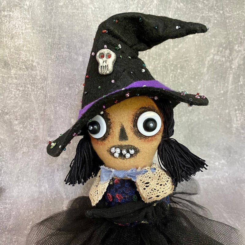 Witch doll . Halloween shelf decor . Creepy doll . - Stuffed Dolls & Figurines - Cotton & Hemp Black