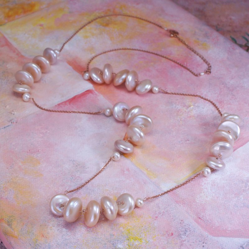 STARRY NIGHT -  Dish Pink  Pearl 18K Rose Gold Plated Silver Long Necklace - สร้อยคอ - ไข่มุก สึชมพู