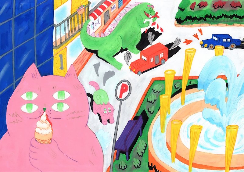 オリジナルの手描きの四つ目のピンクの猫がアイスクリームを食べるアートマイクロスプレー装飾画 - その他 - 紙 ホワイト