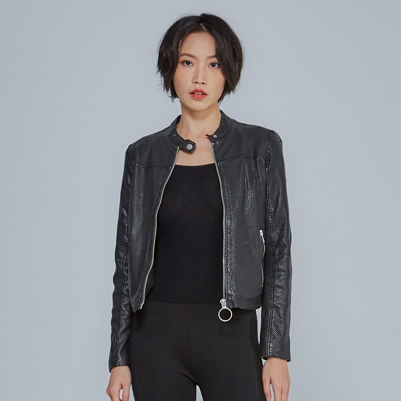[Germany GIPSY] Veda S19 stand collar mesh stitching leather jacket - เสื้อแจ็คเก็ต - หนังแท้ สีดำ