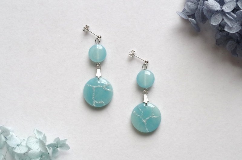 Resin Art Silver-Tsugu Round Earrings - Blue - ต่างหู - วัสดุอื่นๆ สีน้ำเงิน