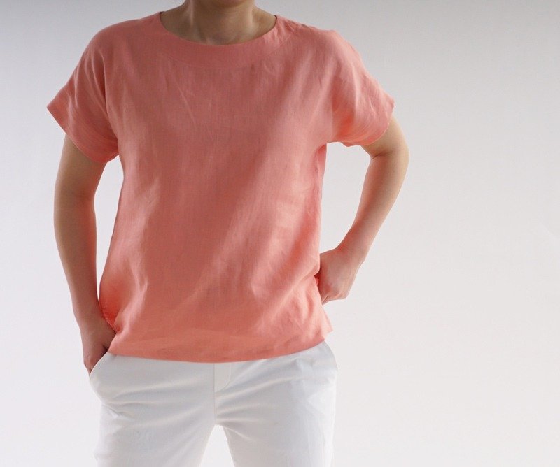 linen / linen shirt / drop shoulder / short sleeve / simple / t1-50 - เสื้อผู้หญิง - ผ้าฝ้าย/ผ้าลินิน สึชมพู