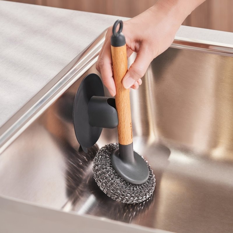 [New product launch] EASY KITCHEN suction cup wooden handle Stainless Steel brush set - Dish Detergent - Other Materials 