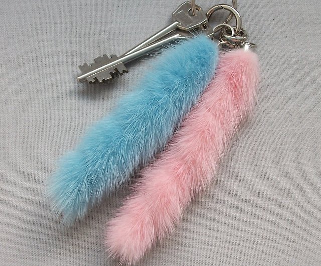 Pink mink tail keychain for keys or bags - Shop BROSHKI-KROSHKI