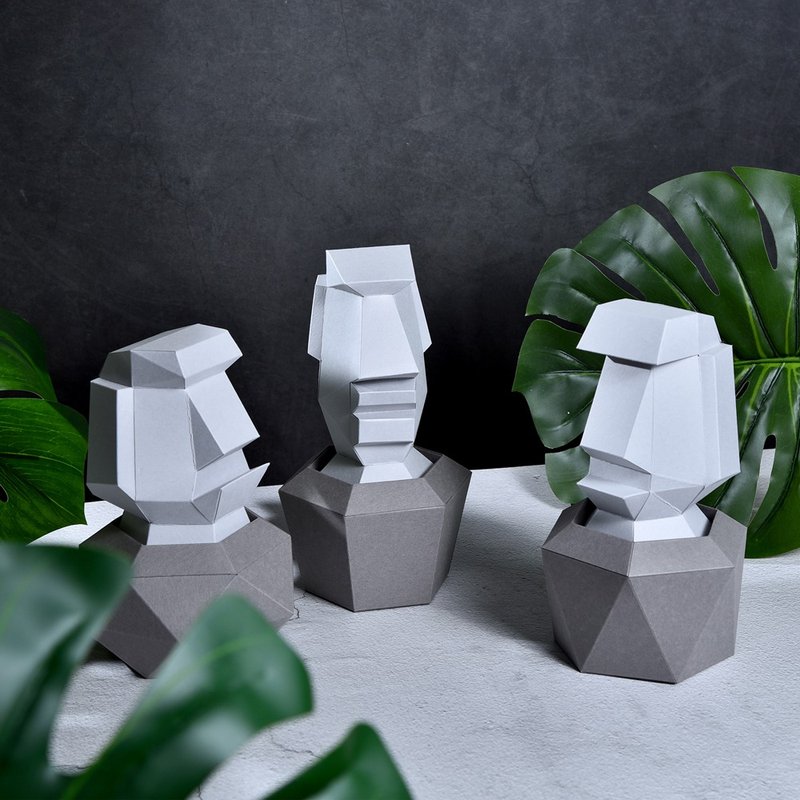 3D paper model-DIY DIY-decoration series-potted moai-healing decoration - Wood, Bamboo & Paper - Paper Gray