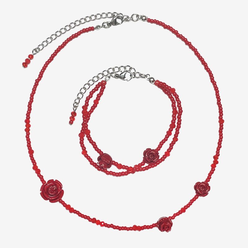 Rose Fit Red Beaded Choker Necklace Bracelet Birthday Gift - 手鍊/手環 - 其他材質 紅色