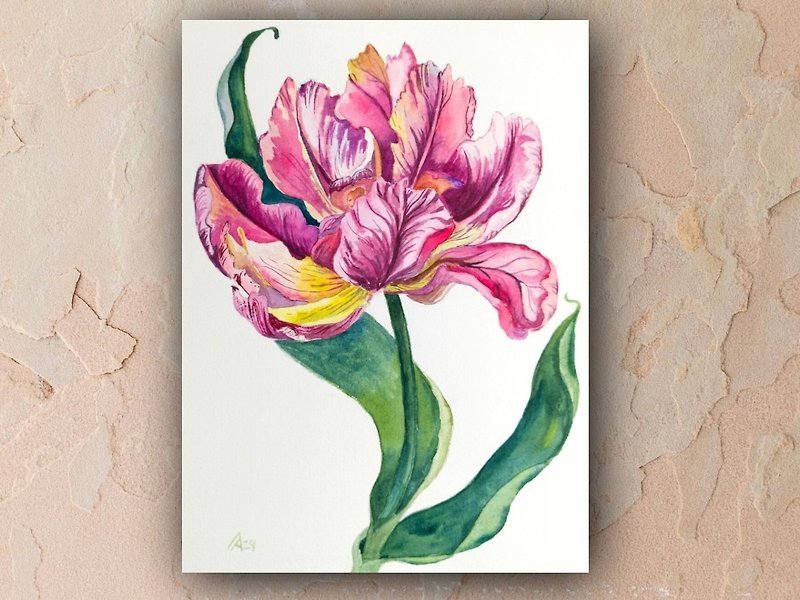 Pink tulip painting original watercolor art floral artwork flower 19 by 27 cm - โปสเตอร์ - กระดาษ สึชมพู