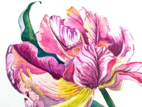 ピンクのチューリップの絵画 オリジナル水彩画 アート 花のアート