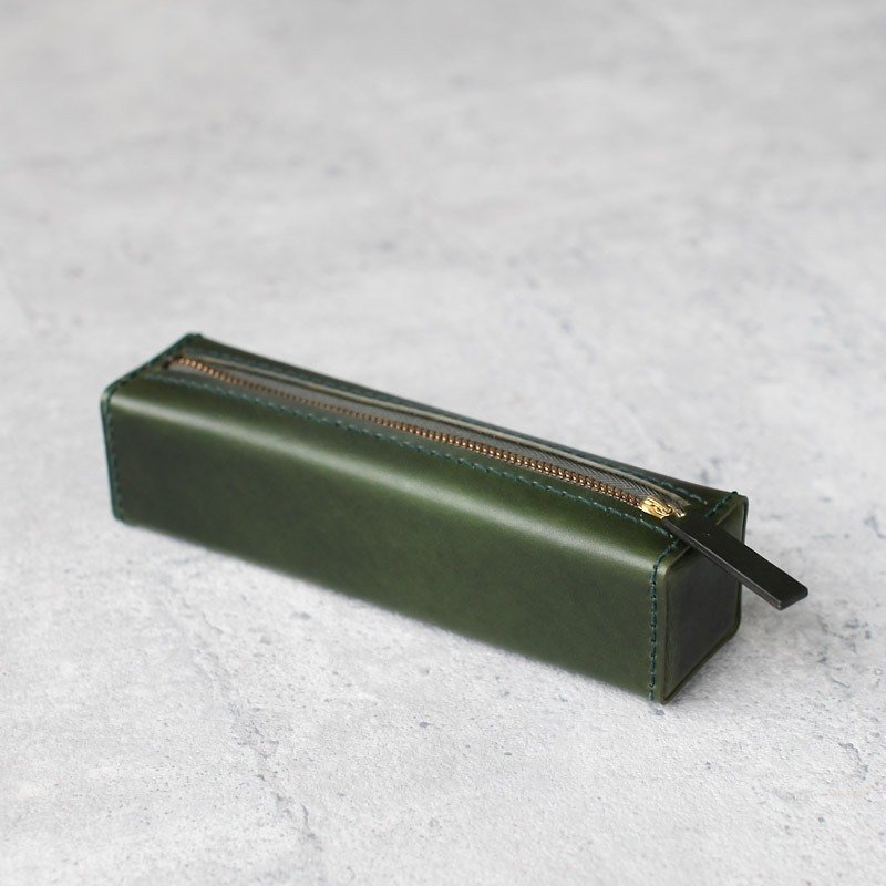 Dark green classy square veg-tanned leather pencil case/pen pouch - กล่องดินสอ/ถุงดินสอ - หนังแท้ สีเขียว