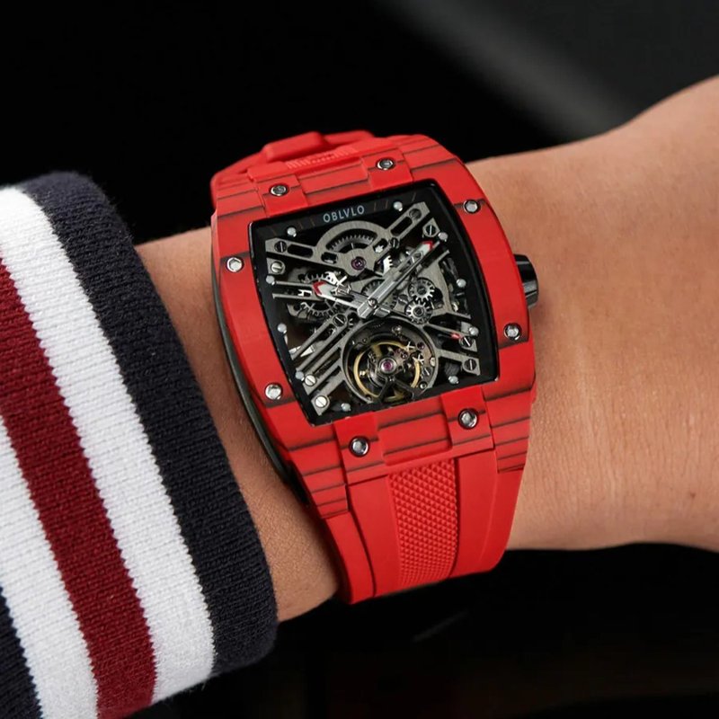 OBLVLO 歐弗洛  EM02碳纖維系列-烈馬紅 - 男錶/中性錶 - 碳纖維 紅色