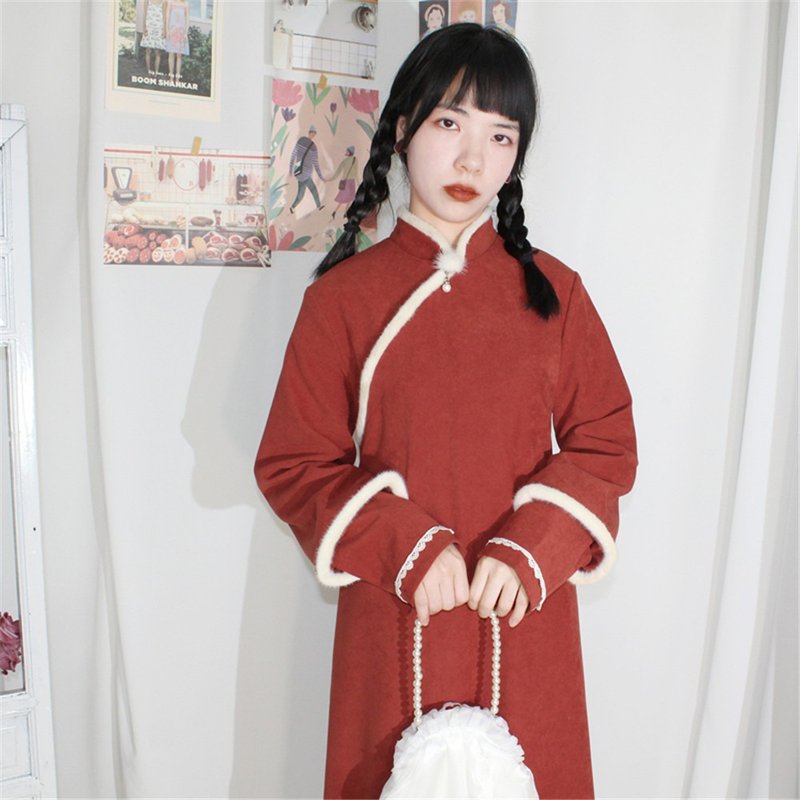 Positive red 2 colors fake two pieces of rabbit fur temperament Christmas red dress new Chinese Mid-autumn Spring Festival improved cheongsam - Qipao - Polyester Red