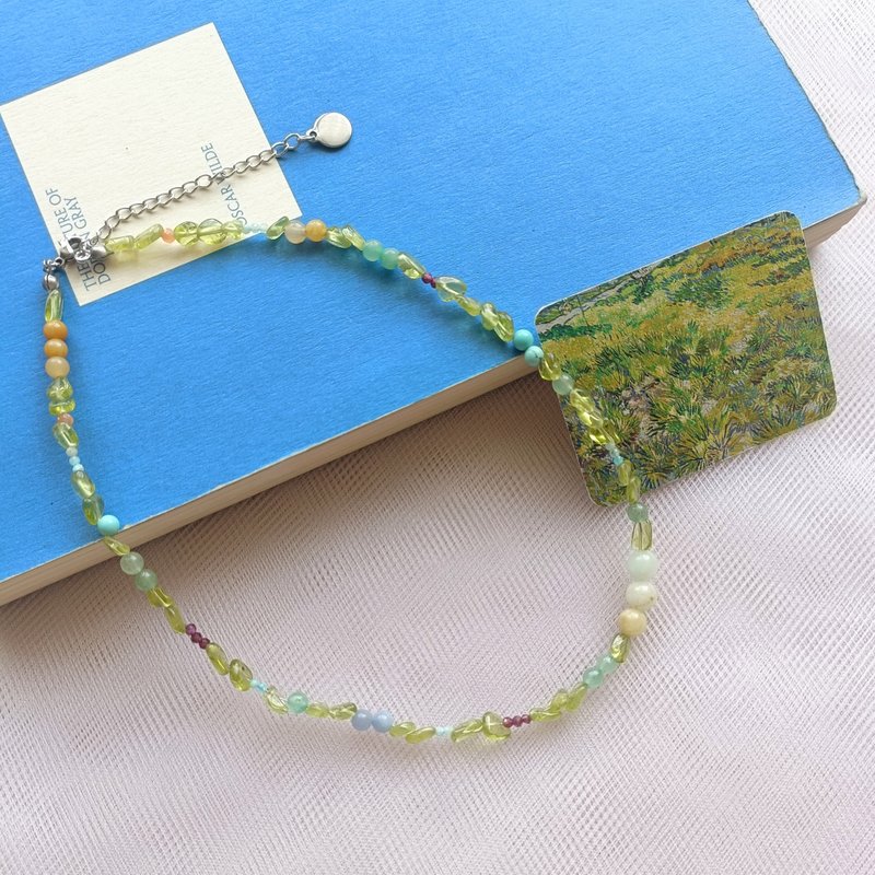 | Long Grassland and Butterflies | Natural Stone Beaded Necklace | Famous Painting Series 010 | - สร้อยคอ - เครื่องประดับพลอย 