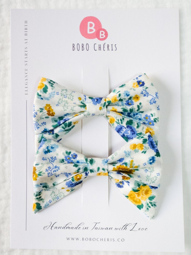 Liberty Fabrics Baby's Handmade Bow Hair Clips (Set of 2) - Lizzy Rose Print - เครื่องประดับผม - ผ้าฝ้าย/ผ้าลินิน สีน้ำเงิน