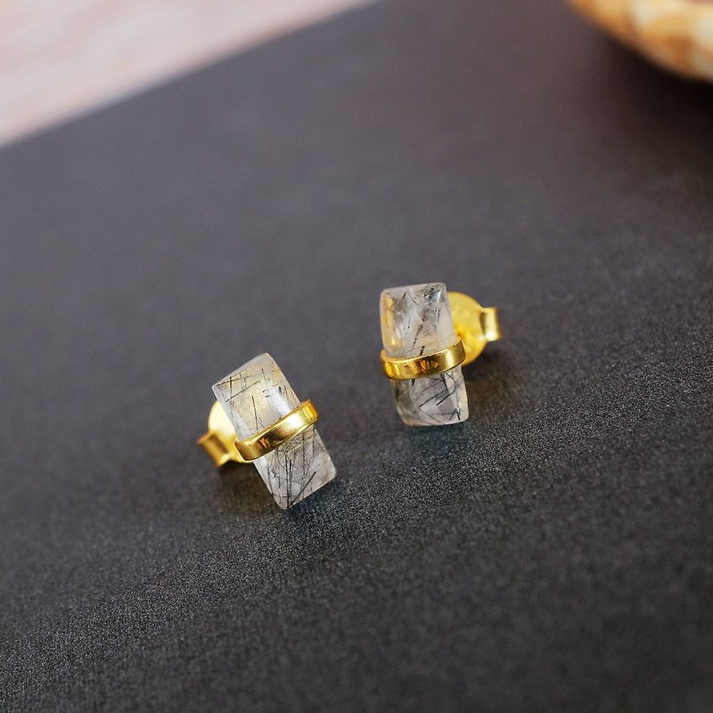 天然石方釦耳環-金款 925純銀飾 - 耳環/耳夾 - 其他金屬 金色
