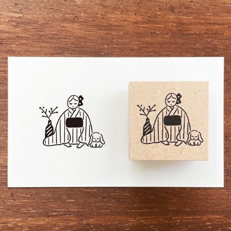 Marl-chan illustration stamp kimono greetings January rubber stamp girl made in Japan a-130 - Stamps & Stamp Pads - Wood 