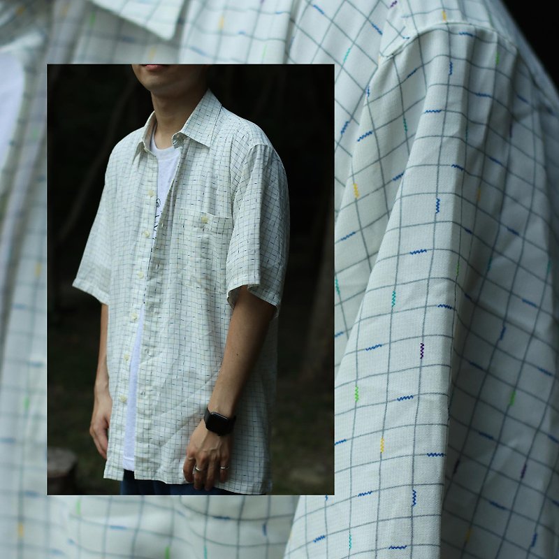 其他人造纖維 男襯衫/休閒襯衫 白色 - 清透感男子格子襯衫