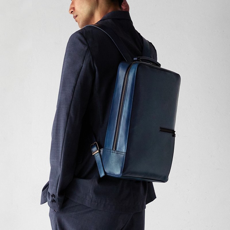 Antique Square Backpack-Retro Dark Blue (Limited time only while stocks last) - กระเป๋าเป้สะพายหลัง - หนังแท้ สีน้ำเงิน