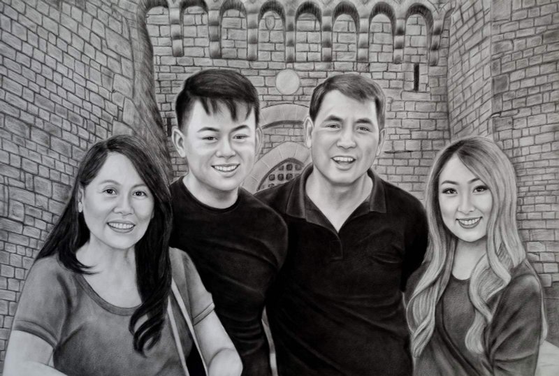 Commission family portrait from photo, Custom art, Photo to painting - ภาพวาดบุคคล - กระดาษ สีดำ