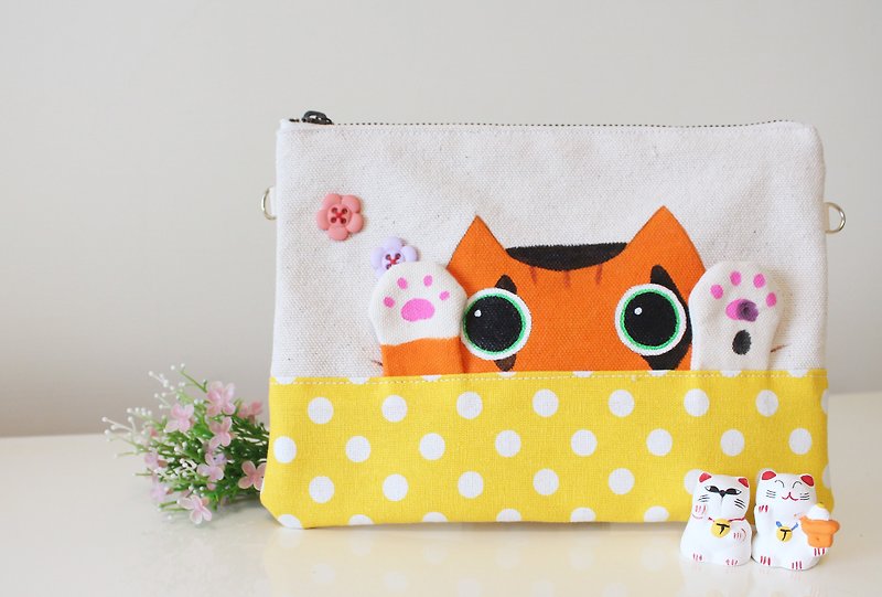 Good luck beckoning meow meow dual-use bag (A meow × yellow) - Messenger Bags & Sling Bags - Cotton & Hemp 