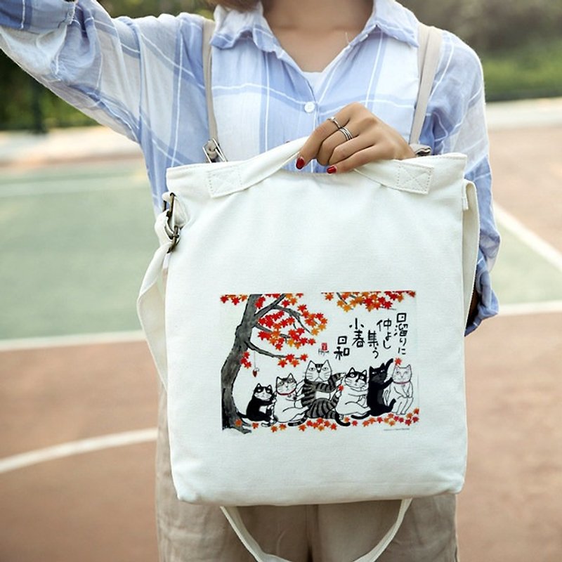 Cute cat cat canvas bag backpack bag can be single shoulder portable three way - กระเป๋าแมสเซนเจอร์ - ผ้าฝ้าย/ผ้าลินิน ขาว