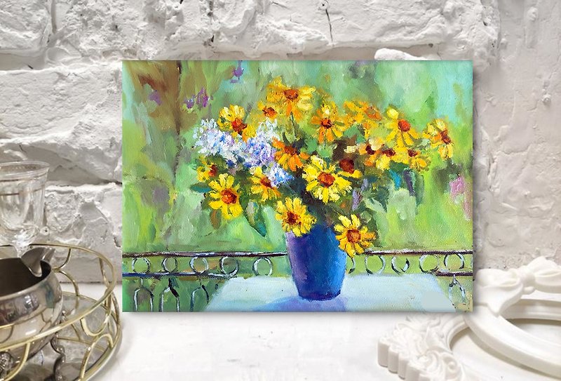 Flower Bouquet Oil Painting / Hanging Art / Daisy Hand-Painted - โปสเตอร์ - ผ้าฝ้าย/ผ้าลินิน 