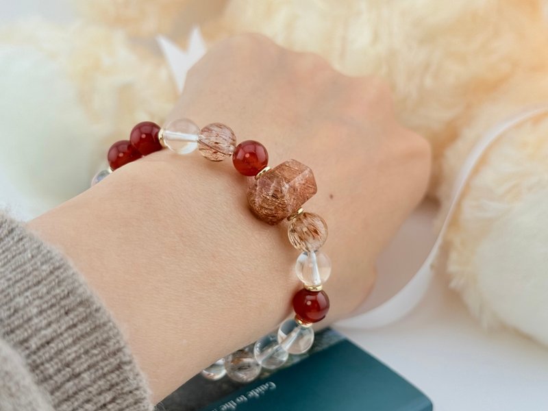 天然石 レッドヘアクリスタル ホワイトクリスタル レッドアゲート 14KGF エナジーブレスレット 独立オリジナル 新年ギフト - ブレスレット - クリスタル レッド