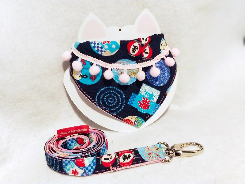 ペットの猫と犬の日本のスカーフ、バックル付きネックストラップと牽引 - 首輪・リード - コットン・麻 ブルー