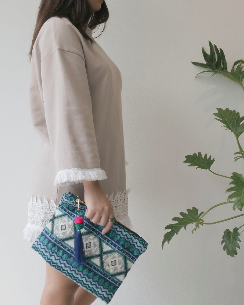 Patong Handmade Clutch bag With Pom Pom Chain - Clutch Bags - Cotton & Hemp Multicolor