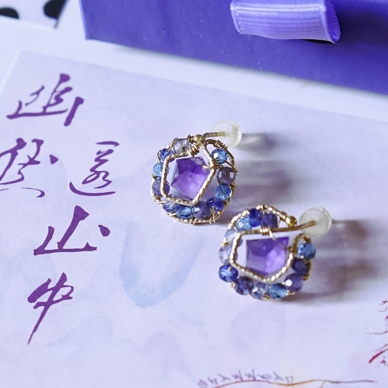 Blue Stone wrapped amethyst retro earrings made in the United States with 14K gold injection - ต่างหู - โลหะ สีม่วง