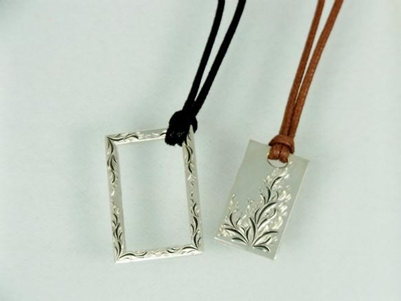 Moon Flower Hand Carved Silver Pair Frame Necklace Set Simple Fashionable Design for Daily Use - สร้อยคอ - เงินแท้ สีเทา