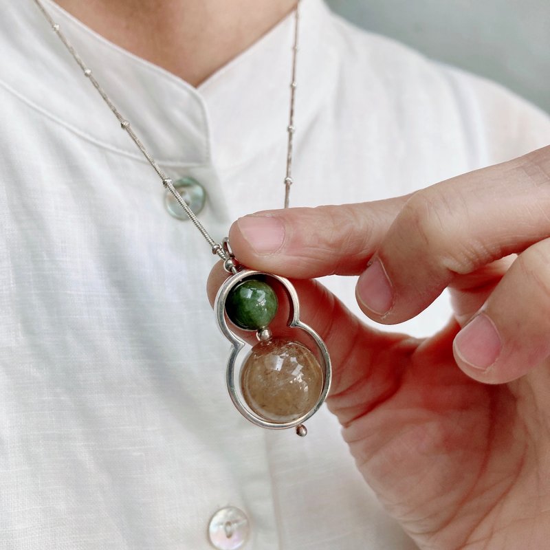 Pure silver handmade gourd pendant necklace ~ Blessing/Small round colorful treasure with big round hair crystal, happiness - สร้อยคอ - เงินแท้ 