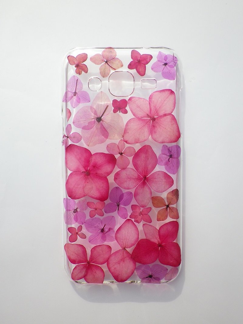 Anny's workshop手作押花手機保護殼，適用於Samsung Galaxy J2, 粉色繡球花 (現貨) - 手機殼/手機套 - 塑膠 粉紅色