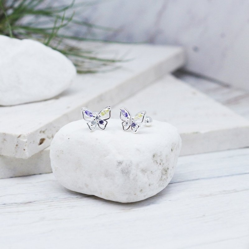 【Diamond Silver Jewelry】Colorful Zirconium Butterfly | Stone Sterling Silver Lock Bead Earrings | - ต่างหู - เงินแท้ สีเงิน