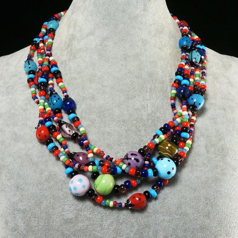 Multicolor Multistrand Lampwork Glass Ladybug Ladybird Beaded Statement Necklace - สร้อยคอ - แก้ว หลากหลายสี