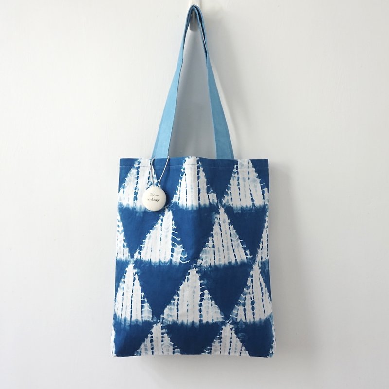 S.A x Iceberg, Indigo dyed Handmade Geometric Pattern Tote Bag - Messenger Bags & Sling Bags - Cotton & Hemp Blue