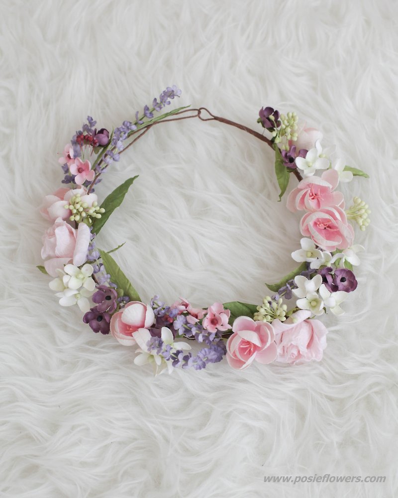 Sweet Pink&Purple Handmade Floral Crown - เครื่องประดับผม - กระดาษ สีม่วง