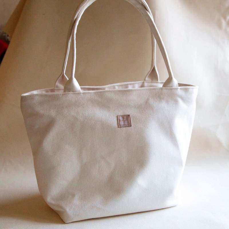 純白素色帆布 日式簡約 粗條紋 磁釦托特包 - 手提包/手提袋 - 棉．麻 白色