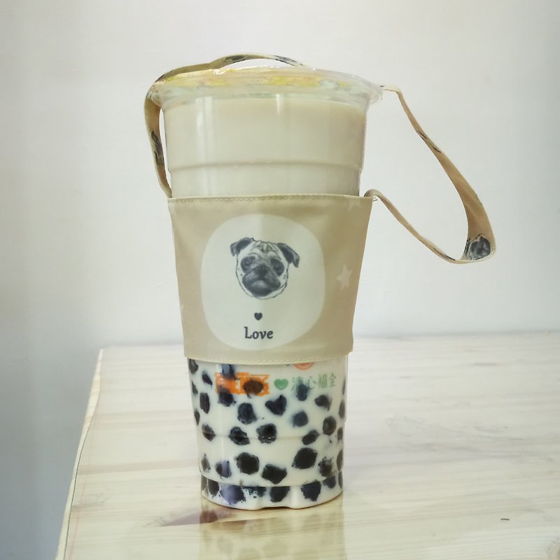 Pug-Double-sided Drink Cup Set-Dog Sketch Series~Double-sided Drink Bag - ถุงใส่กระติกนำ้ - เส้นใยสังเคราะห์ 