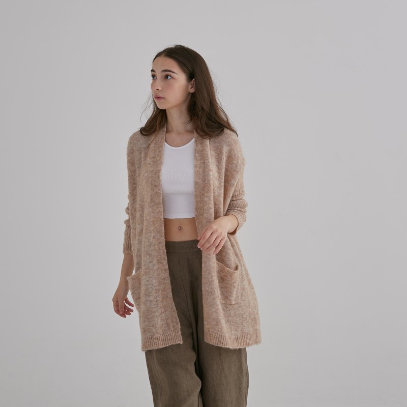 Long sleeve knitted jacket-beige - Women's Sweaters - Wool Khaki