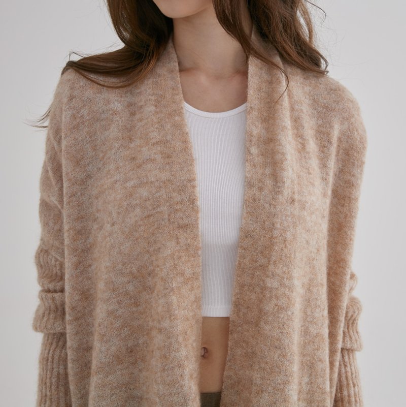 Long sleeve knitted jacket-beige - Women's Sweaters - Wool Khaki