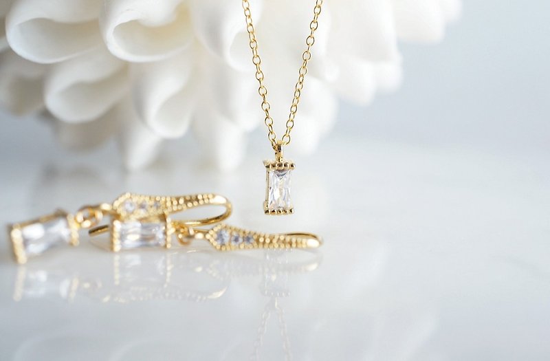 [14KGF] Necklace, CZ Rectangle - Necklaces - Glass Gold