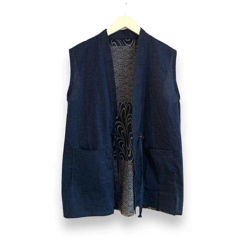 Haori Style Vest - Men's Tank Tops & Vests - Cotton & Hemp Blue