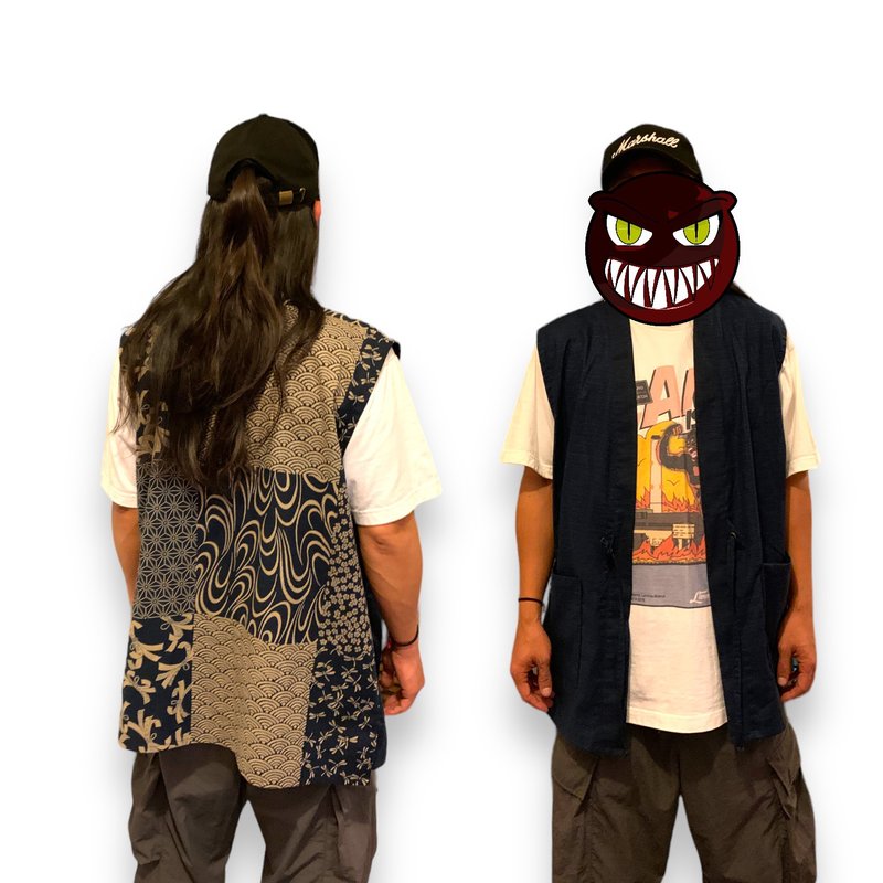 Haori Style Vest - 男背心 - 棉．麻 藍色