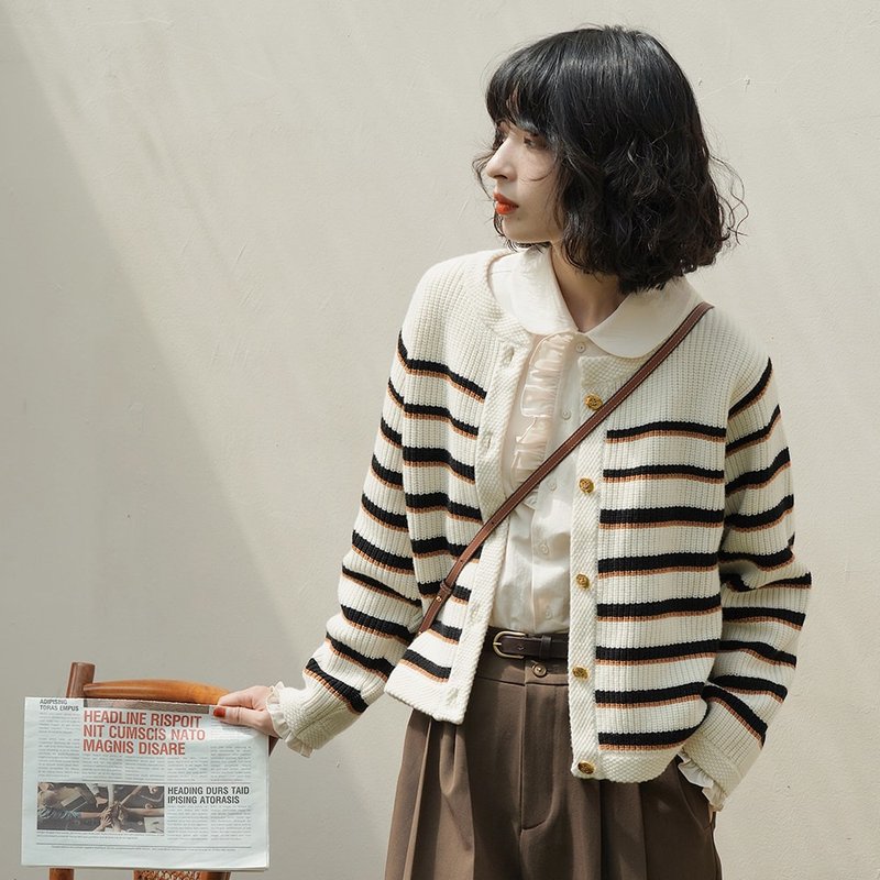 法式條紋絞花羊毛針織衫|毛衣|秋款|澳洲羊毛|Sora-813 - 女毛衣/針織衫 - 羊毛 白色