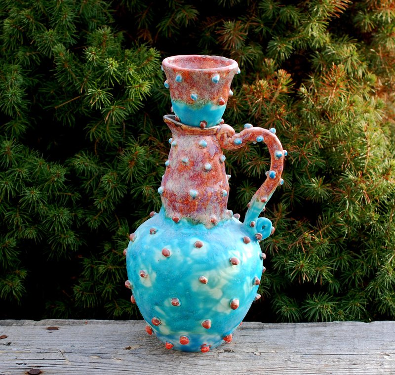 Ceramic jug Blue Pottery Pitcher Liquor Decanter Brown blue glazed Textured - เซรามิก - ดินเผา หลากหลายสี