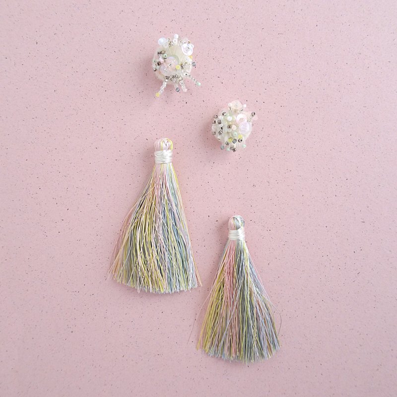 Silk and cotton tassel  with wool and bead embroidery Choice of hardware - Earrings & Clip-ons - Thread Pink