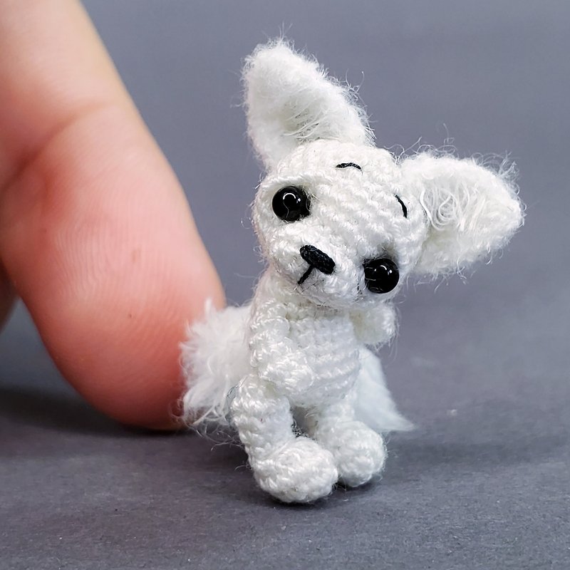 Extreme micro white fox. Dollhouse miniature. Amigurumi stuffed fennec fox toy. - Stuffed Dolls & Figurines - Cotton & Hemp White