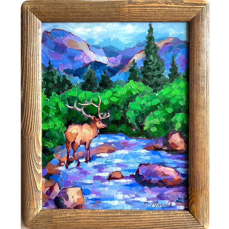 Deer Painting Landscape Original Art  Mountain River Artwork - 壁貼/牆壁裝飾 - 木頭 