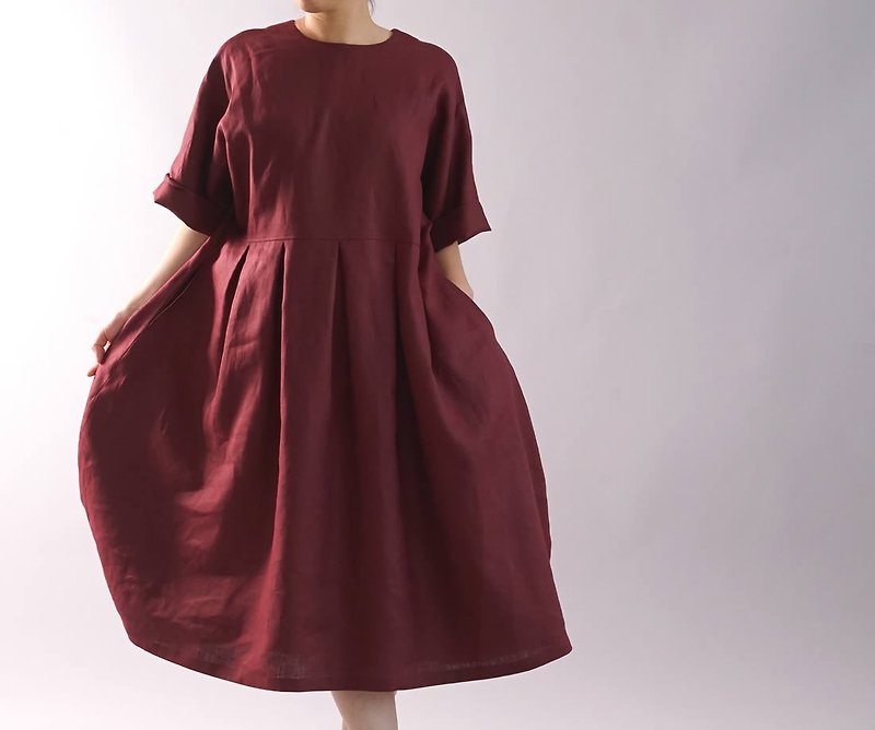 wafu - 純亞麻洋裝 Midweight Linen Half Sleeve Flare Dress / Agate a041f-agt2 - ชุดเดรส - ลินิน สีแดง
