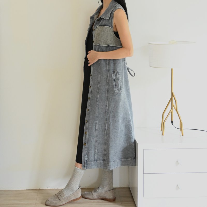 不規則拼接-丹寧無袖綁帶連身衣-淺灰色 - 洋裝/連身裙 - 聚酯纖維 灰色